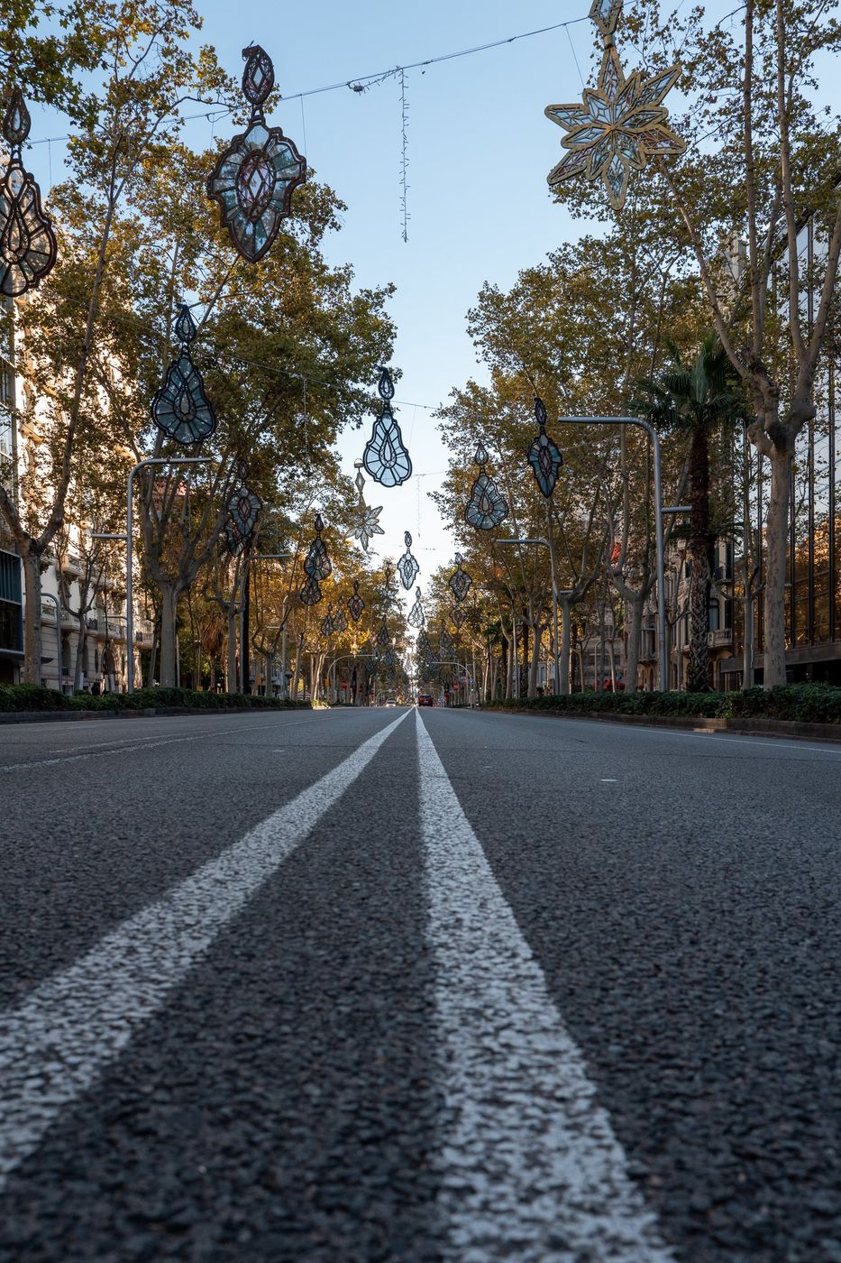 Empty avenue with white lines on the ground, Barcelona
