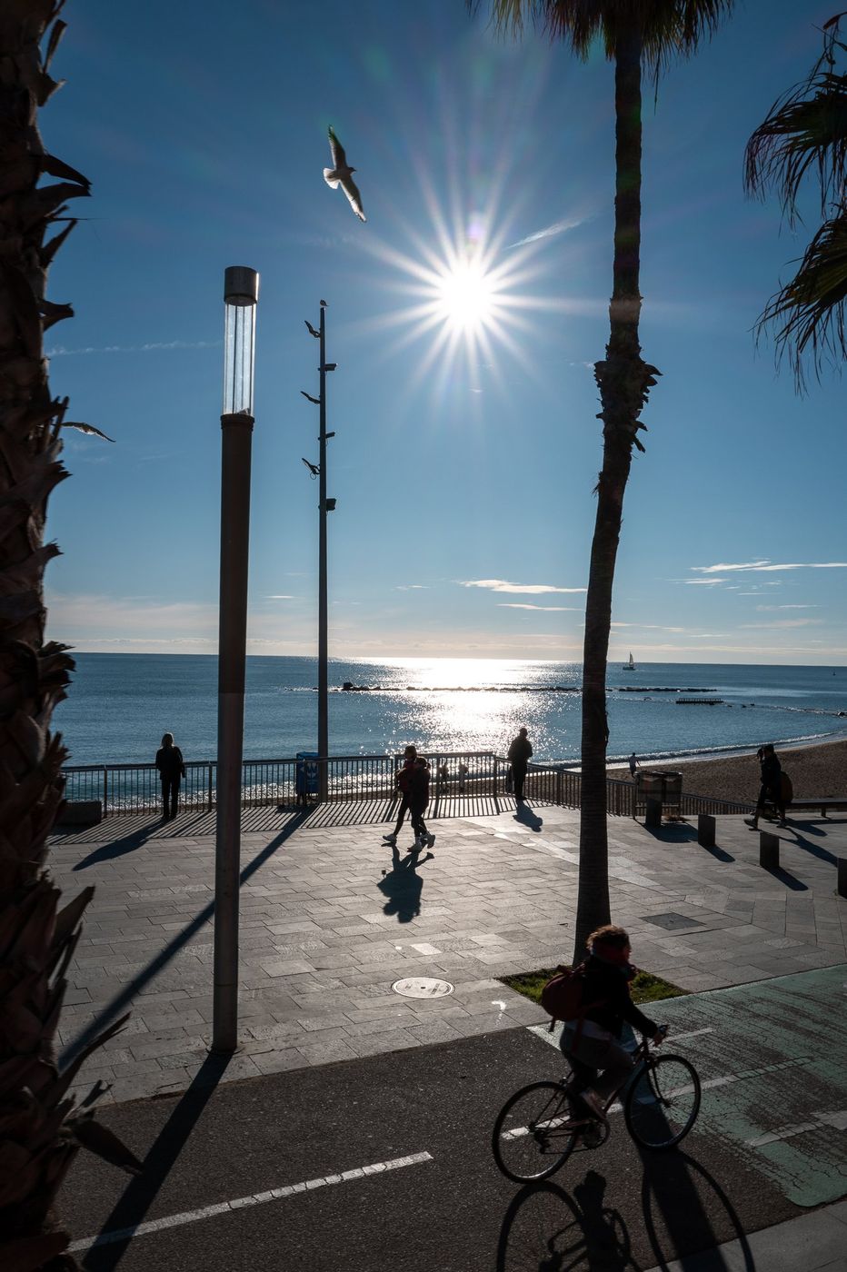 Backlit silhouette of a passerby on the seafront, Barcelona