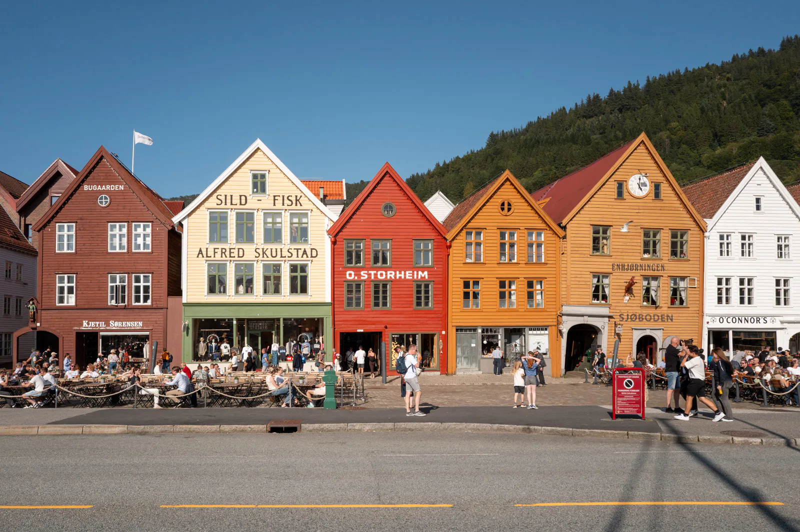 The colourful row of Bryggen and its terraces, the mountain behind, Bergen