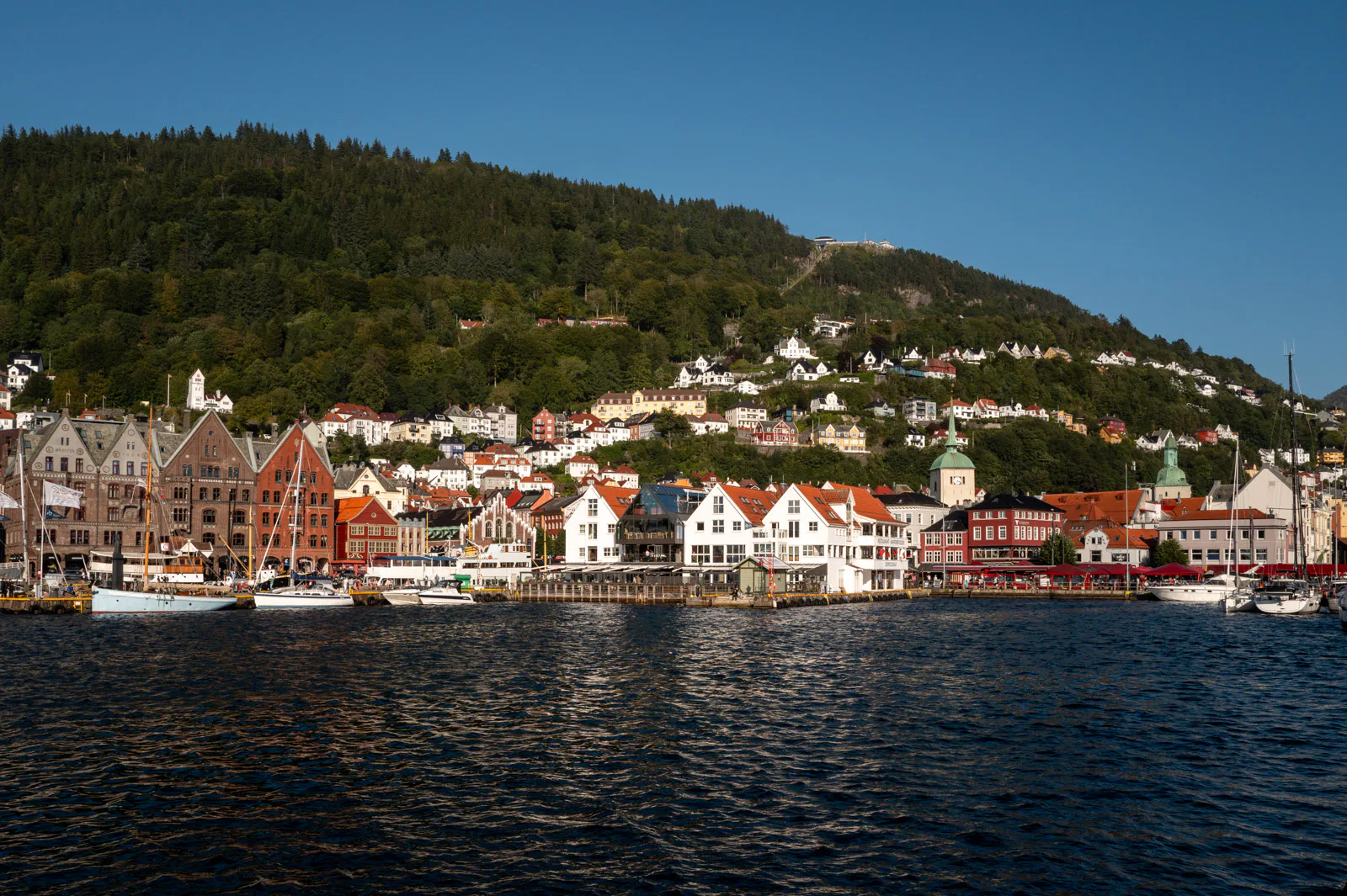 Bryggen and the white houses at the foot of Mount Fløyen, seen from across the harbour, Bergen