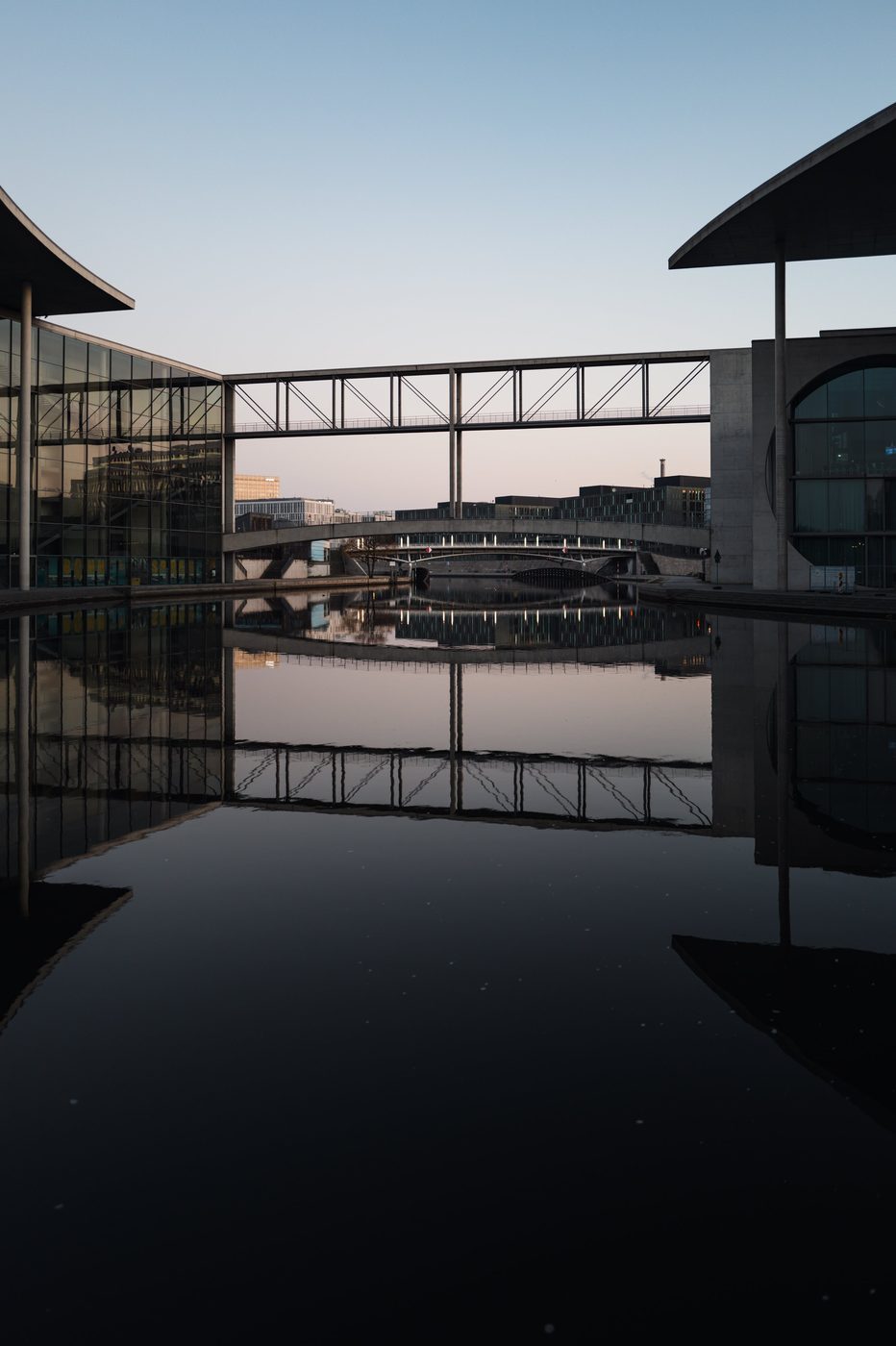 Metal footbridge connecting two buildings in the government district, Berlin