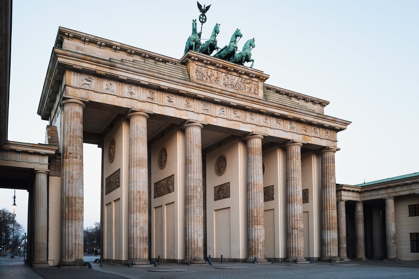 Angled view of the columns and sculpted pediment of the Brandenburg Gate, Berlin
