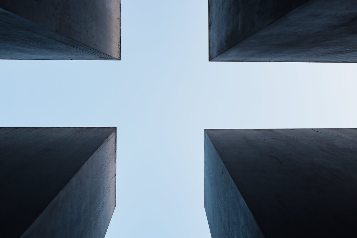 Four concrete slabs framing a square of sky, Holocaust memorial, Berlin
