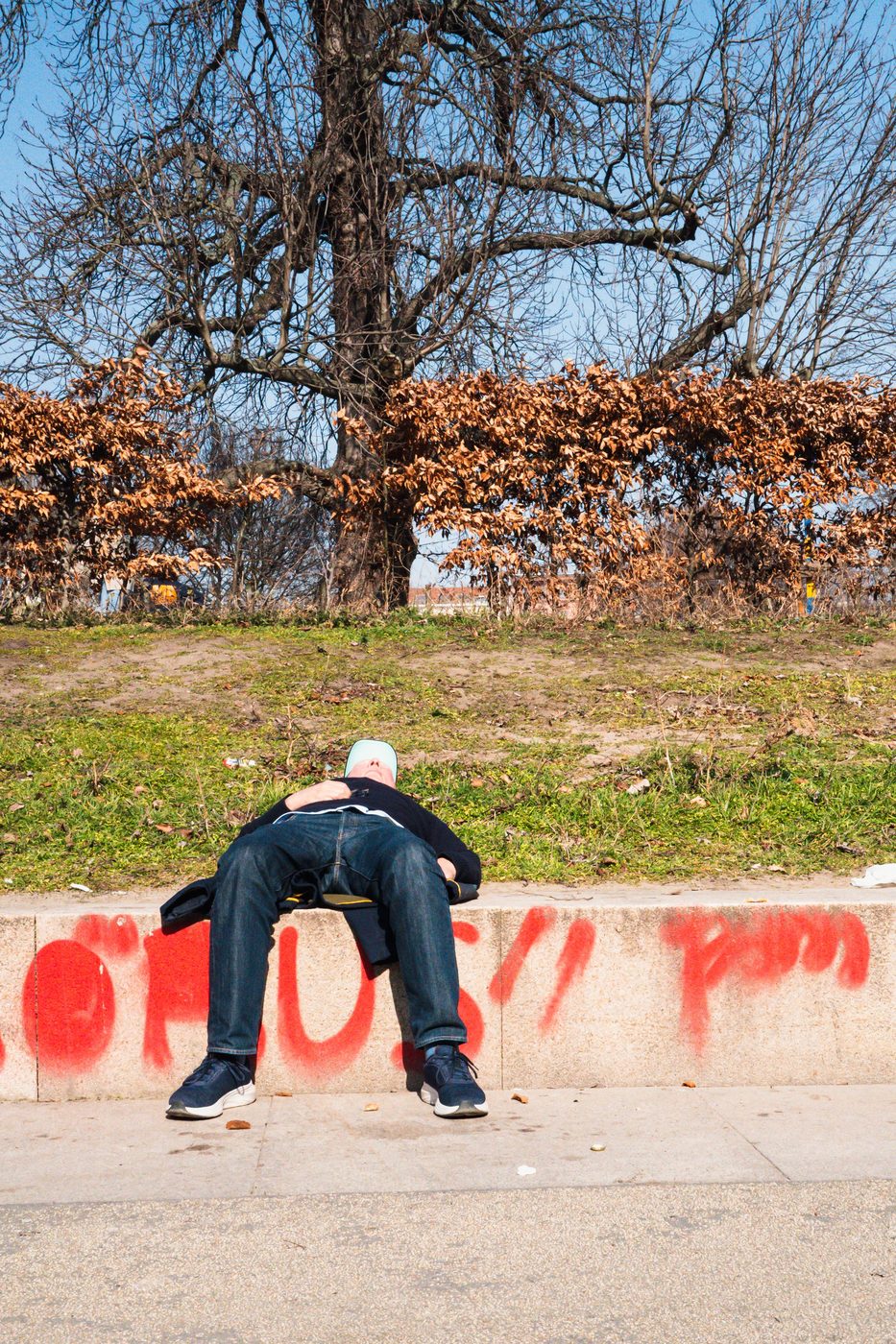 Man lying on a low wall tagged in red, beneath a bare tree, Berlin