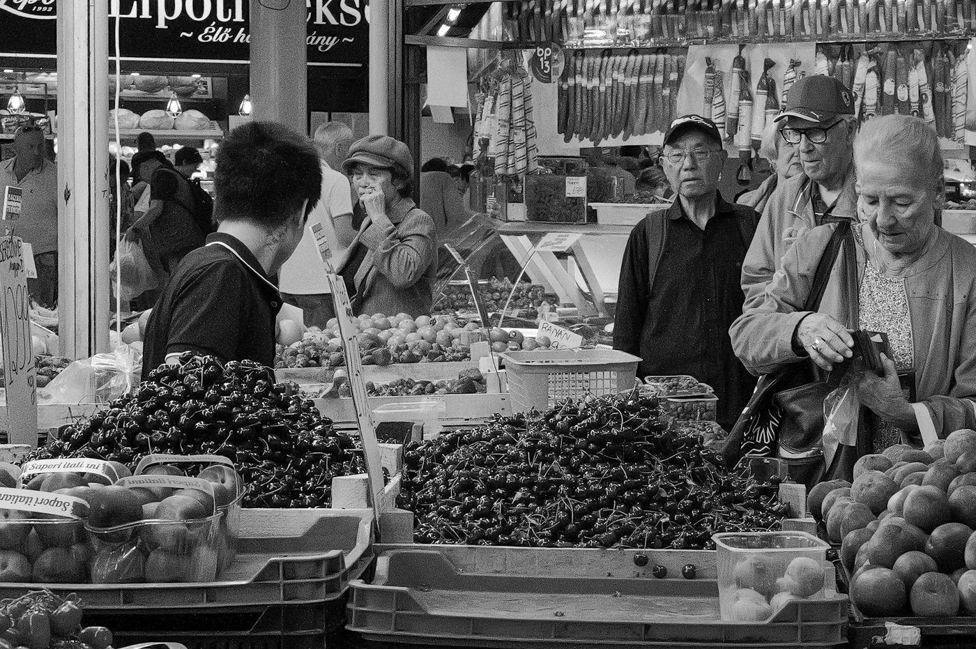Cherry and fruit stall at the covered market, Budapest