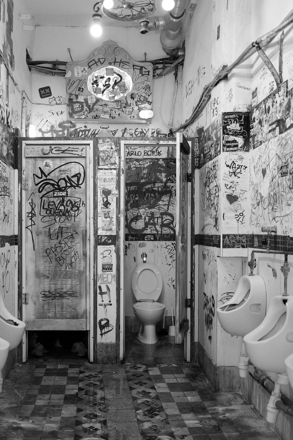 Public toilets entirely covered in graffiti and tags, Budapest