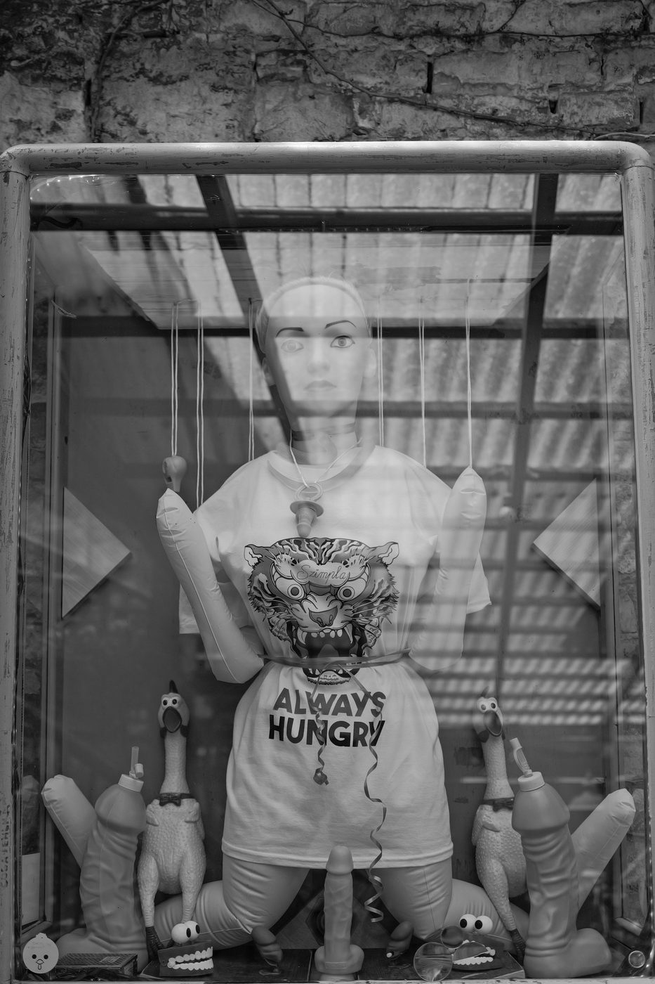 Mannequin hanging by wires in a shop window, grotesque toys, Budapest