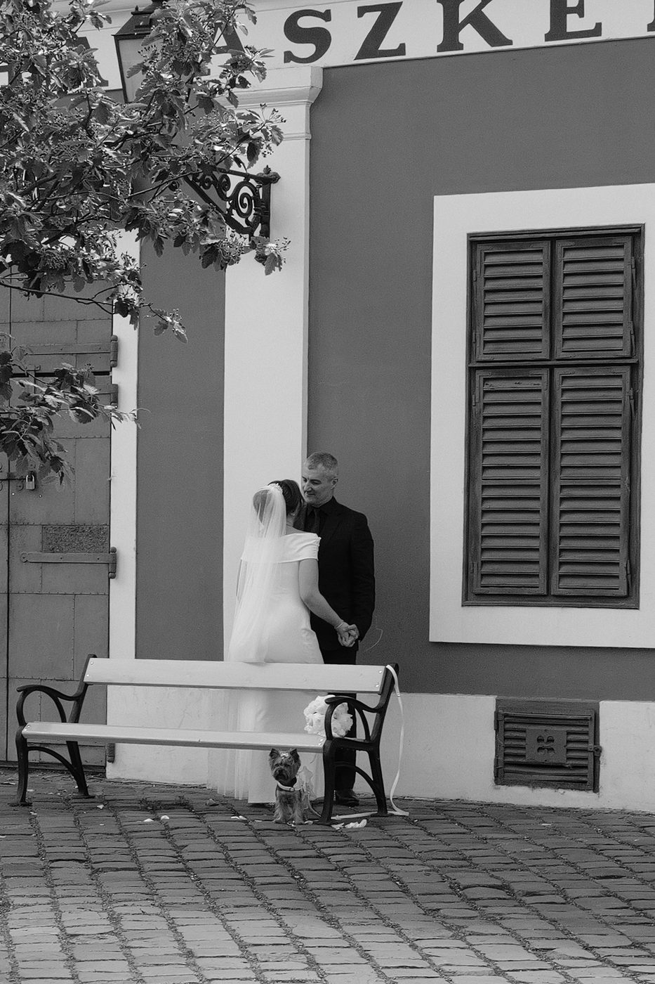Newlyweds holding hands in front of a facade with closed shutters, Budapest