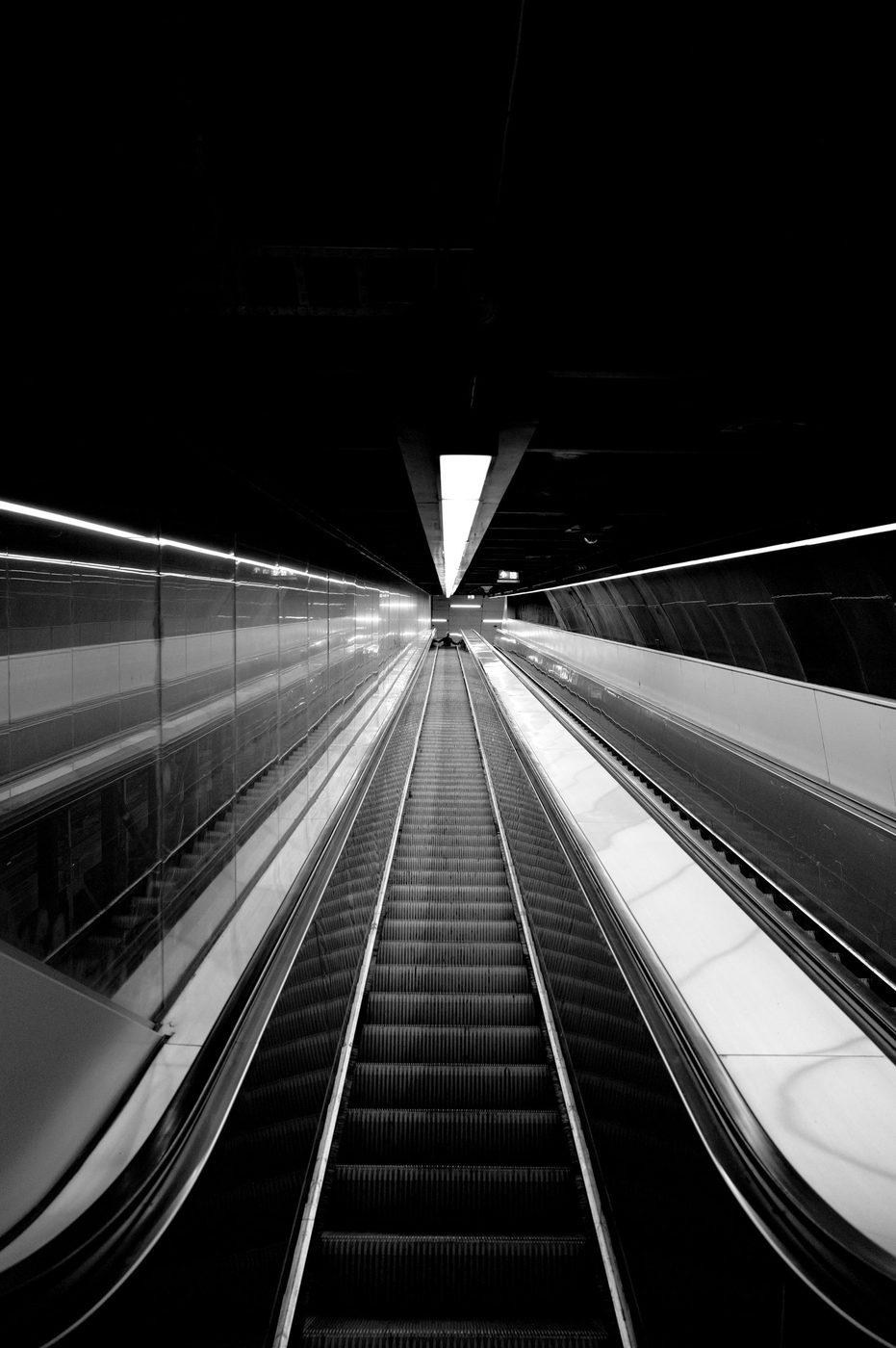 Downward view of a metro station escalator, Budapest