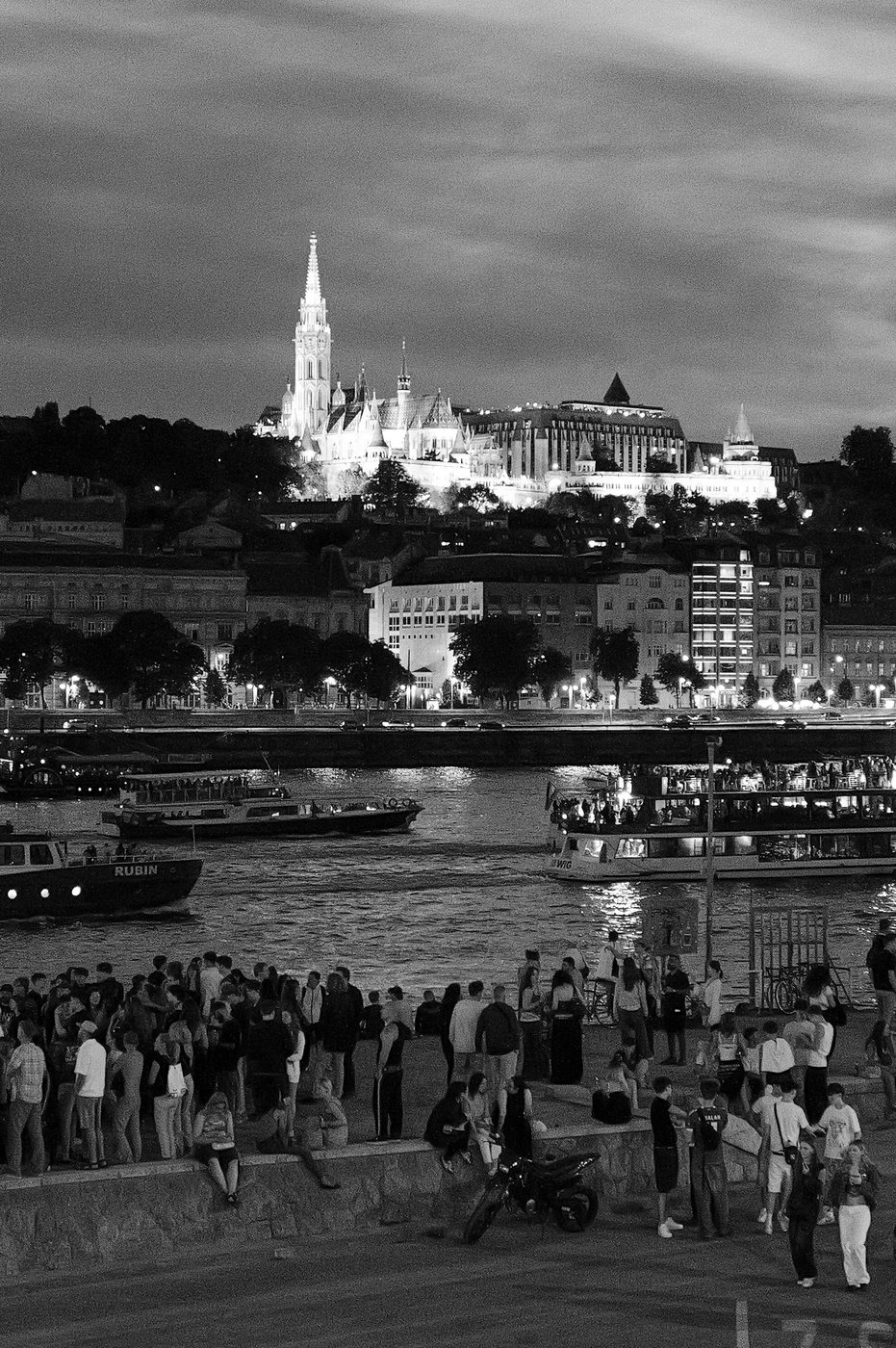 Night view of the illuminated Fisherman's Bastion above the Danube, Budapest
