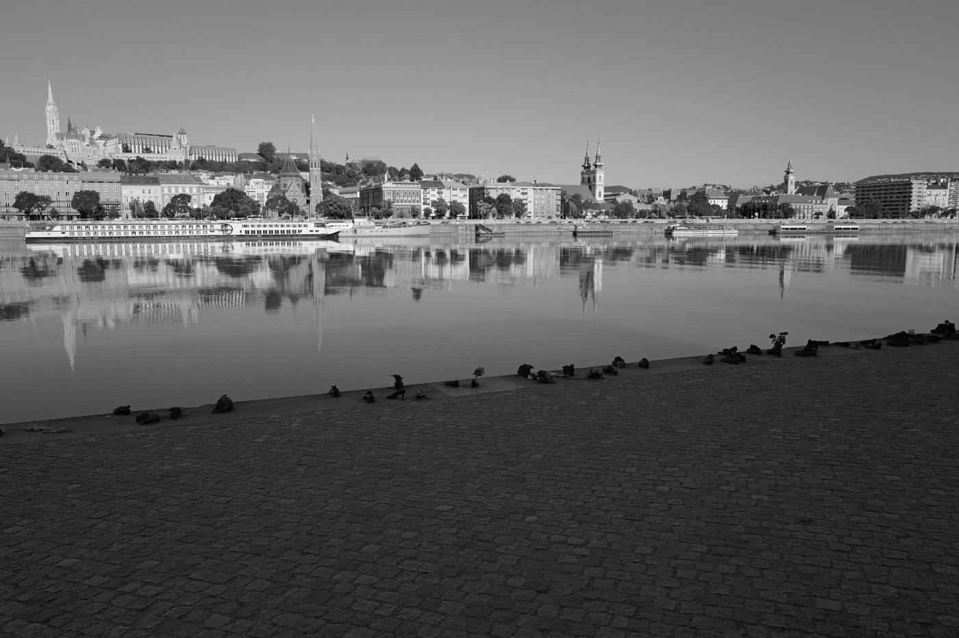 Row of bronze shoes along the Danube facing the Fisherman's Bastion, Budapest