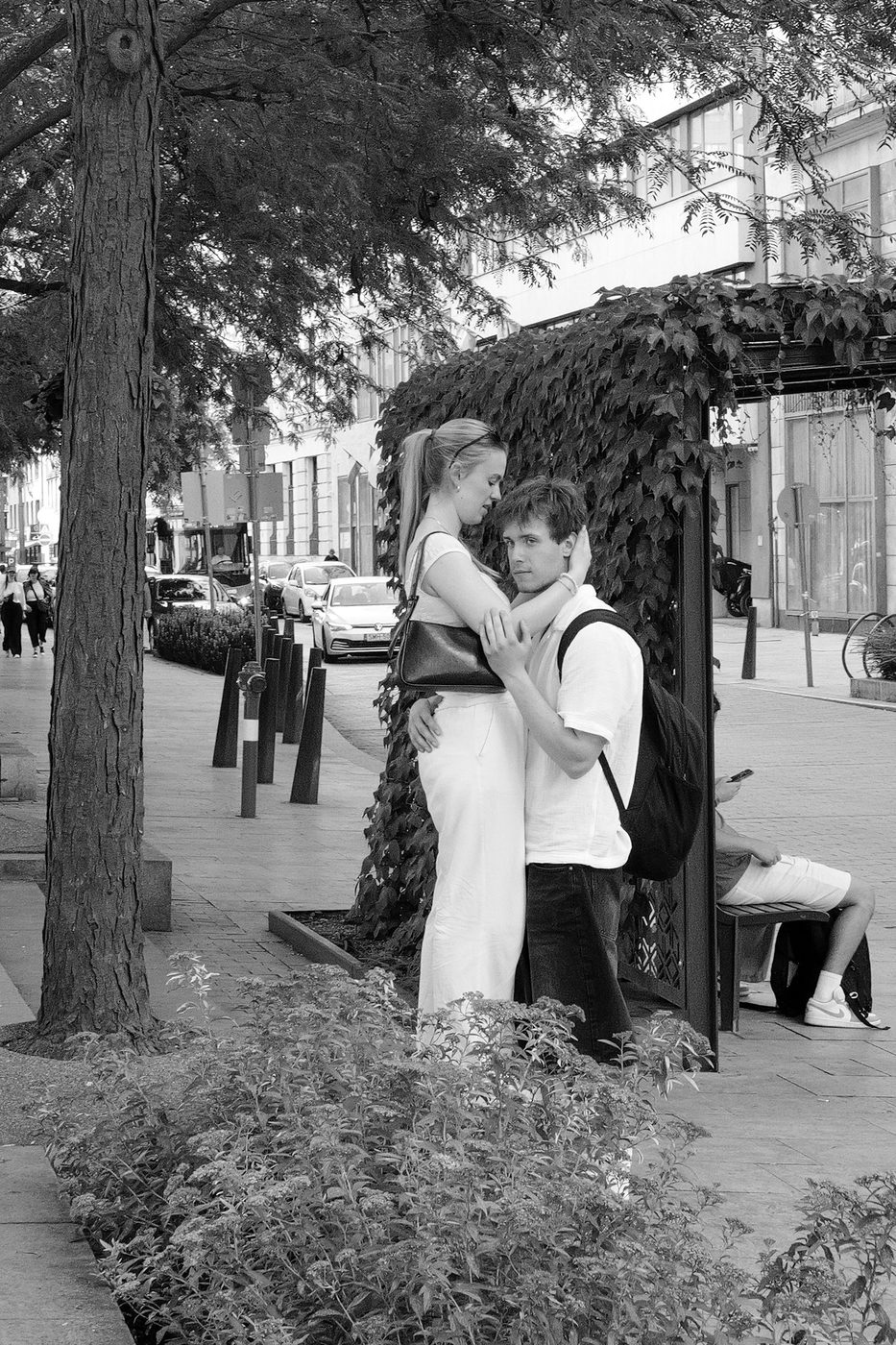 A couple embracing under a leafy pergola in the middle of the street, Budapest