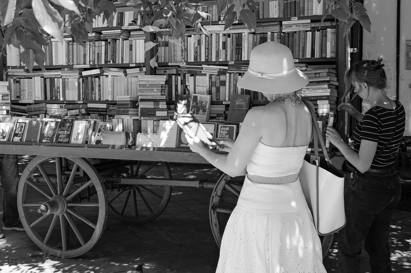 A woman in a white dress leafing through a book near a cart, Budapest