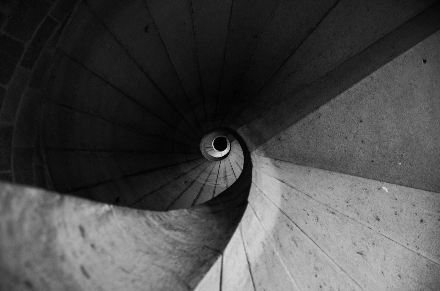 Vertiginous overhead view down a spiral staircase, Casablanca