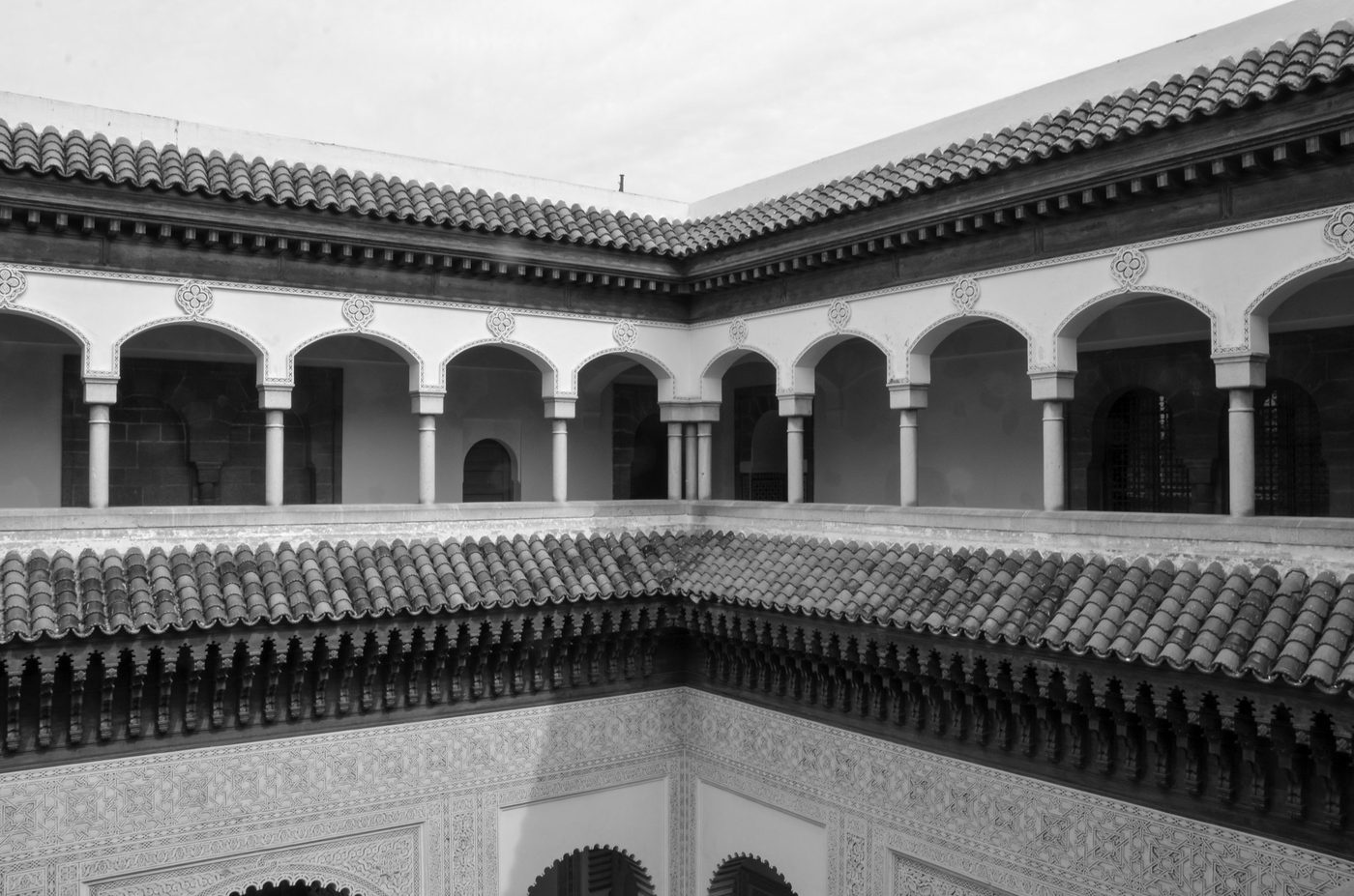 Tiled roofs and carved arches of Moorish heritage, Casablanca