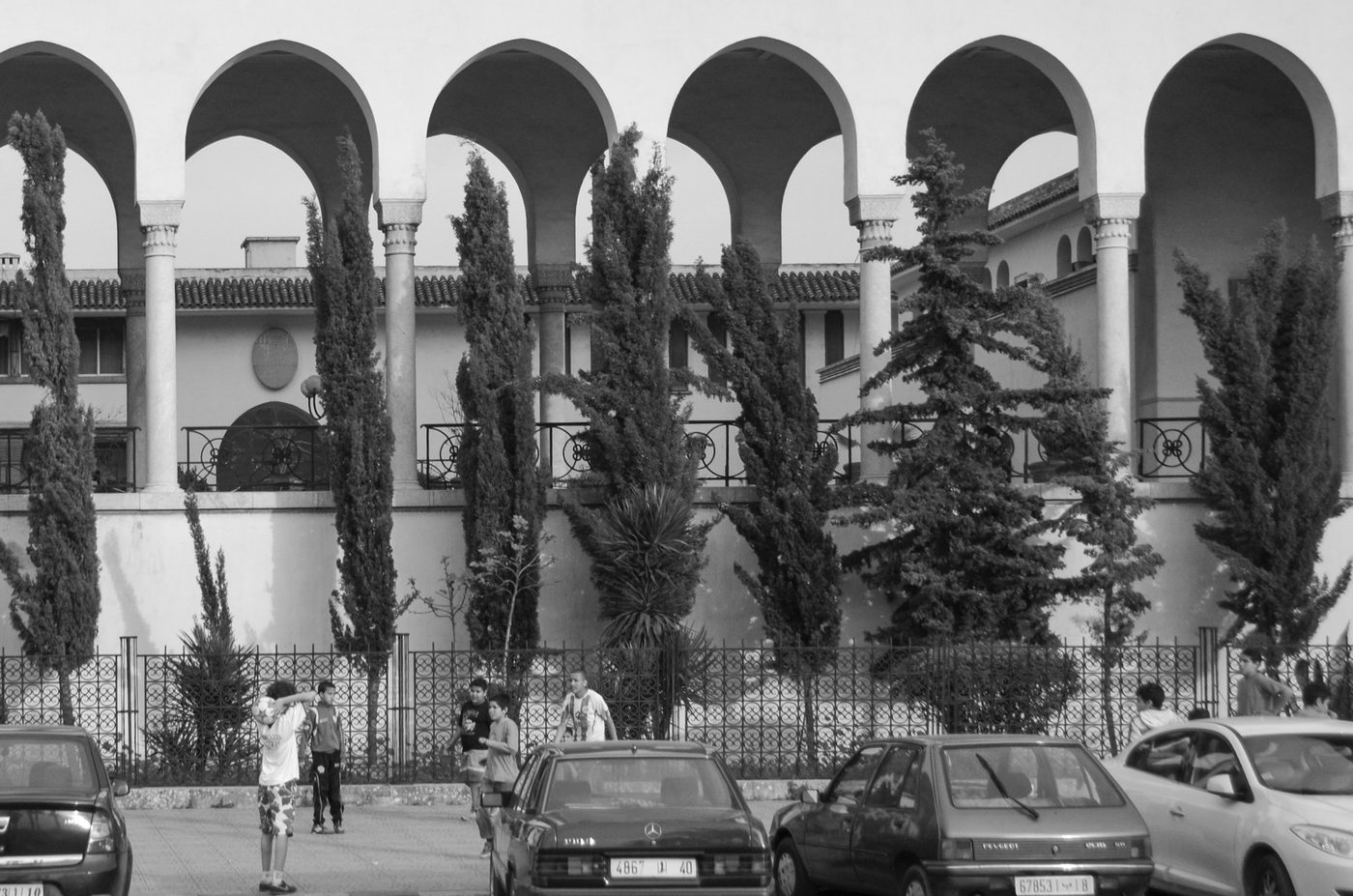 Children playing ball in front of a colonial arcade, Casablanca