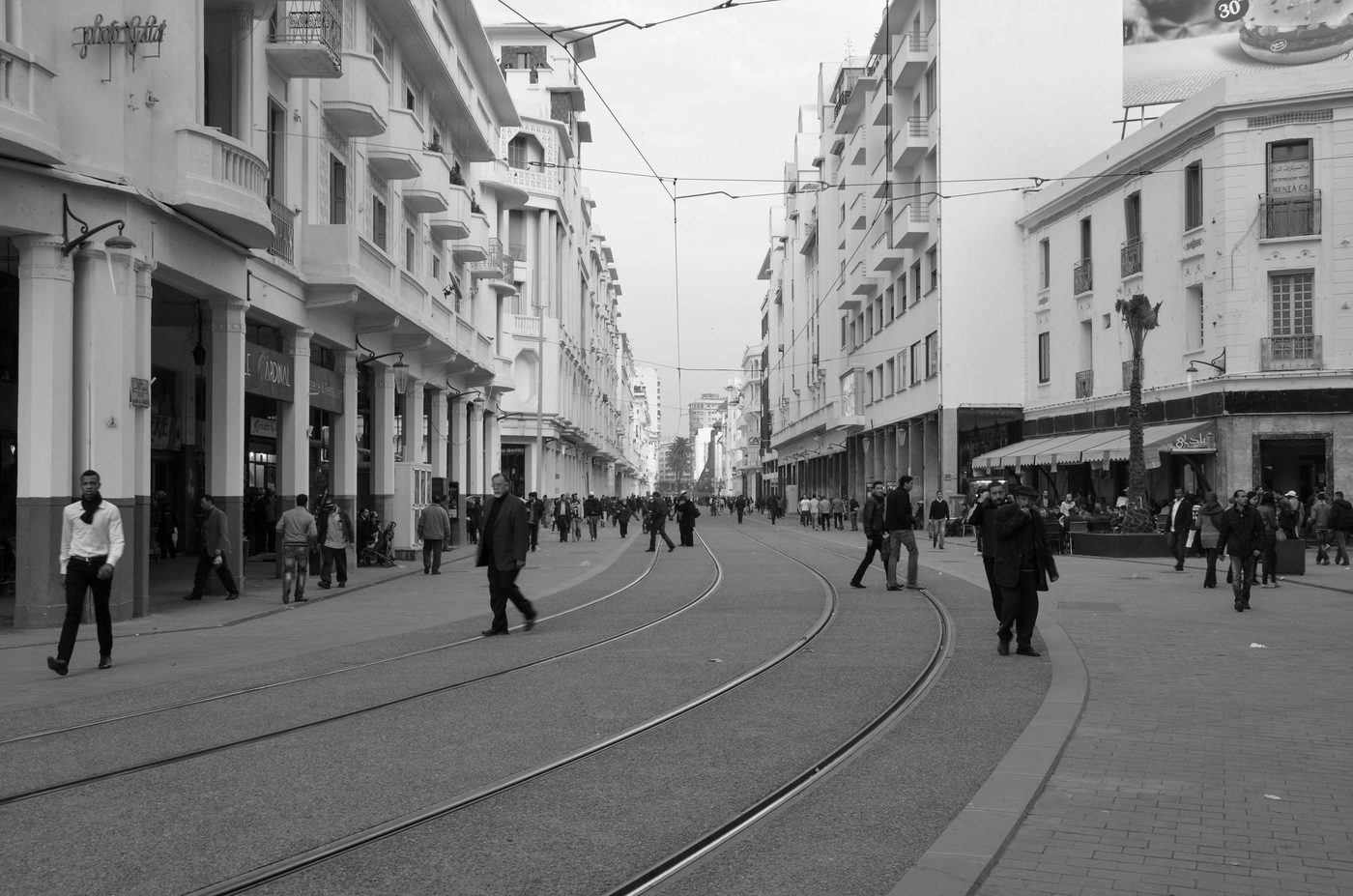 Tram tracks winding between the facades of downtown, Casablanca