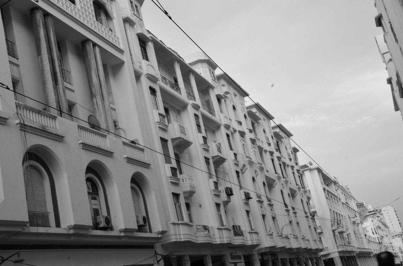 Ornate cornices of Art Deco buildings in a row, Casablanca