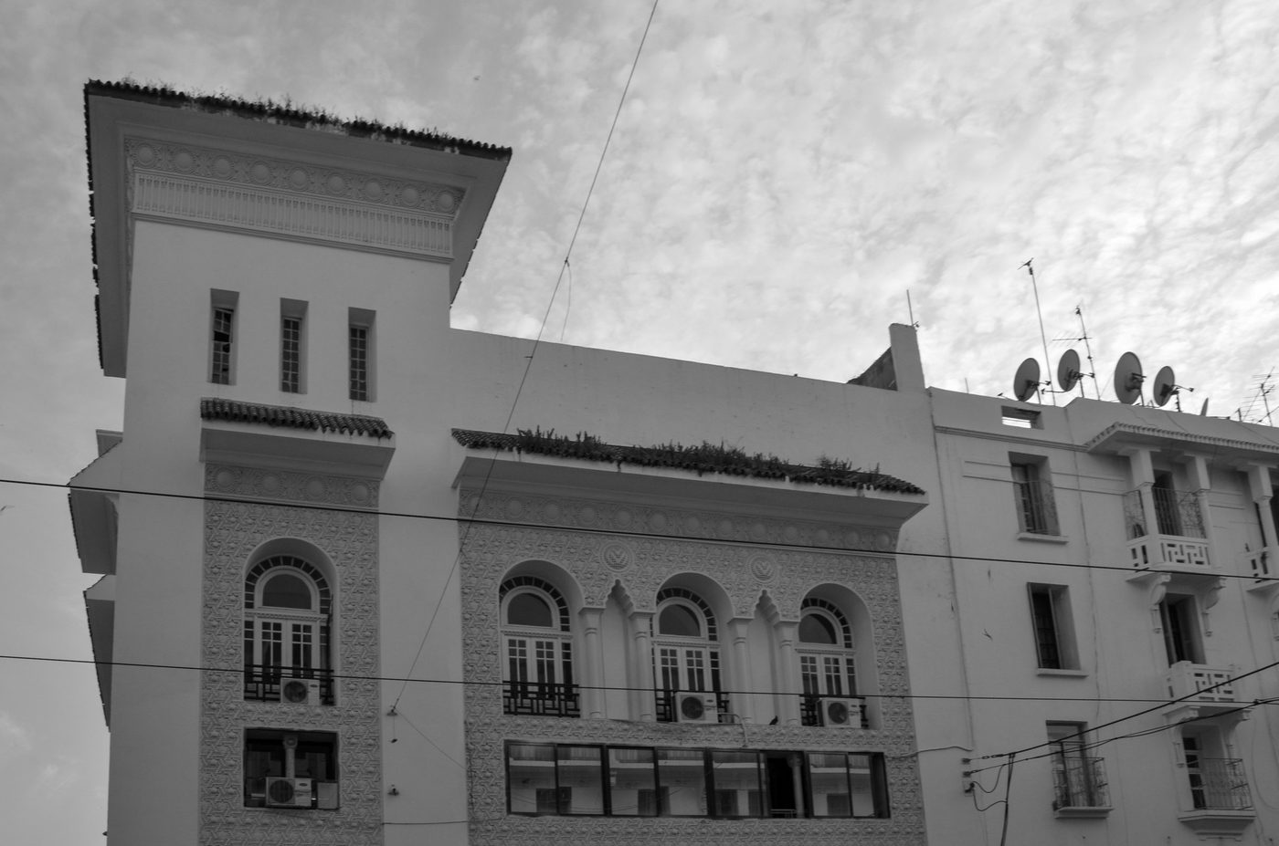 Arcaded turret with an ornate frieze crowning a building, Casablanca