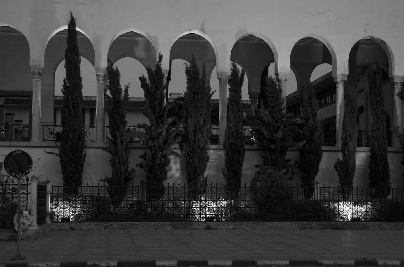 Cypress trees lined up in front of an arcade at dusk, Casablanca