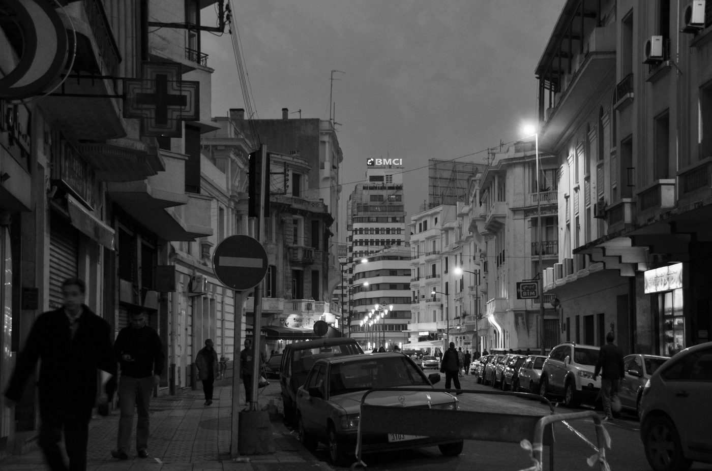 Bustling shopping street at nightfall, Casablanca