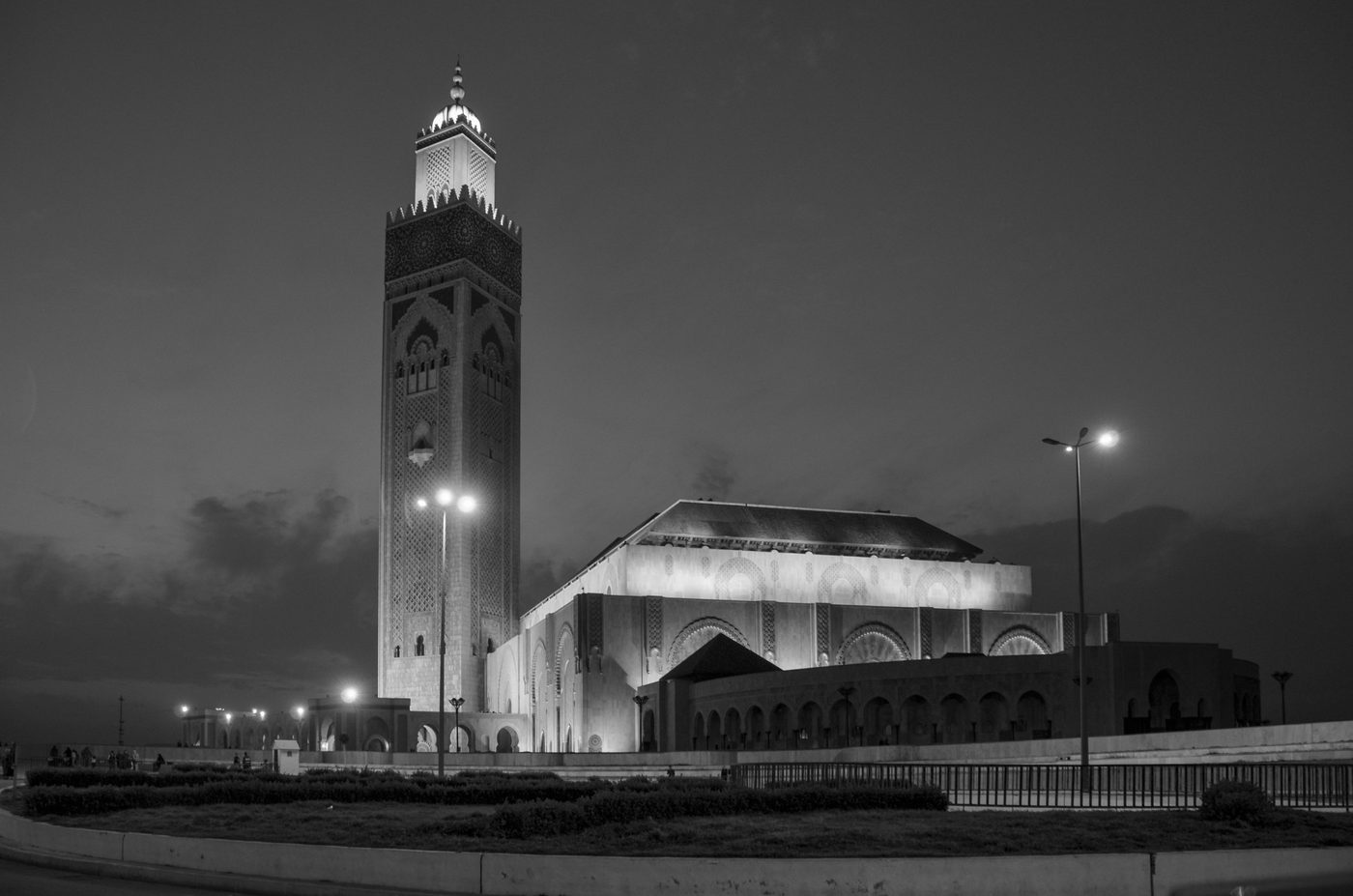 Minaret of the Hassan II Mosque illuminated at night, Casablanca