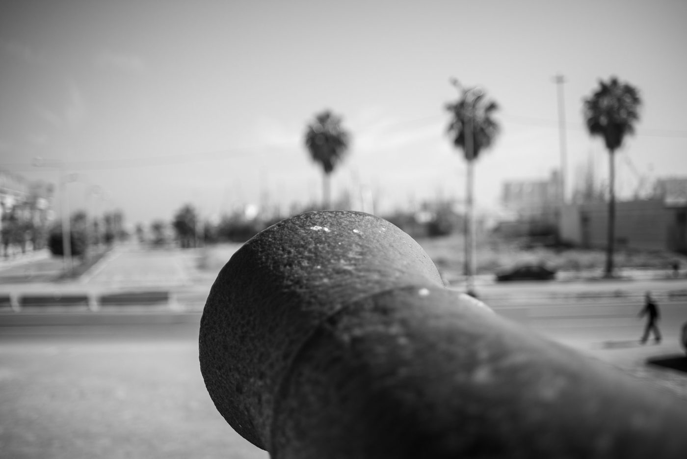 Tip of a metal post blurred in the foreground, palm trees in the distance, Casablanca