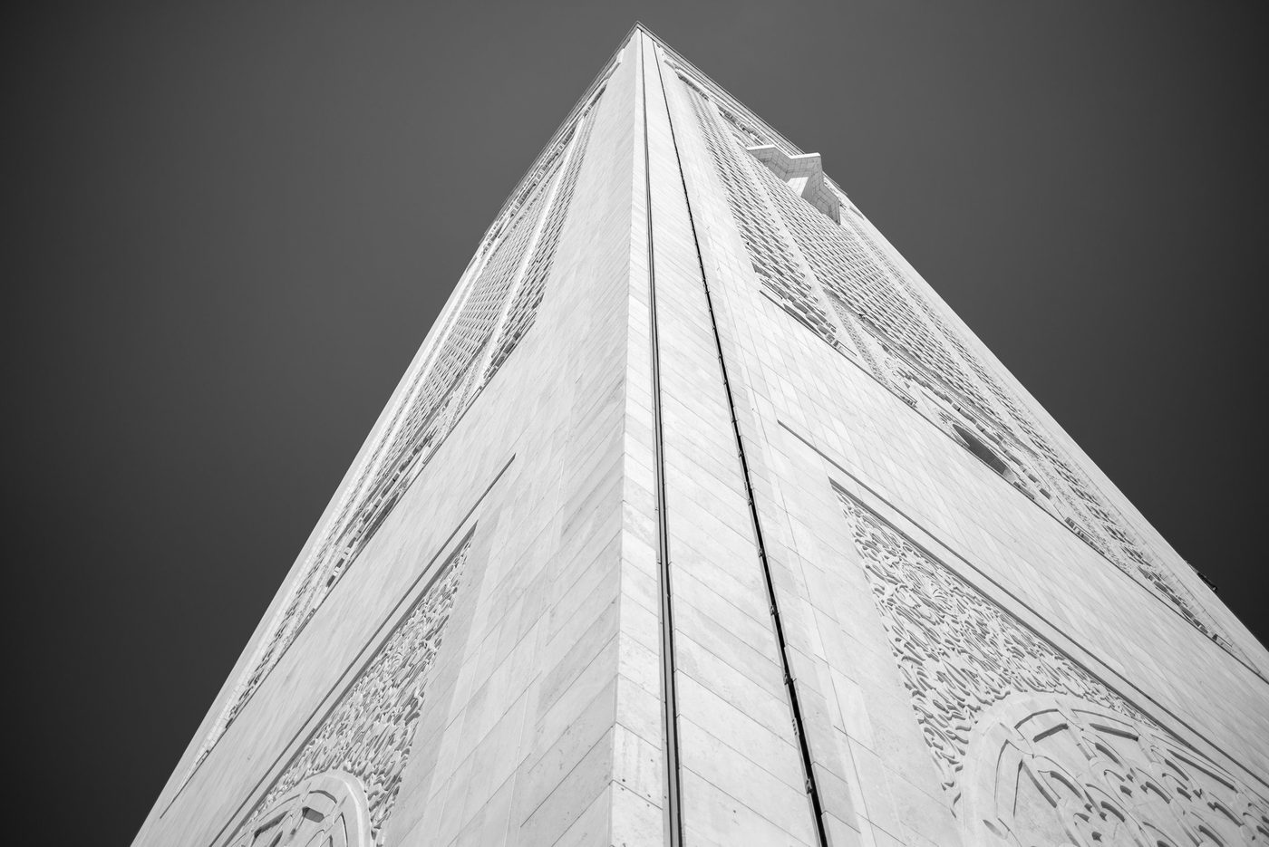 Vertiginous angle of the Hassan II Mosque minaret, Casablanca