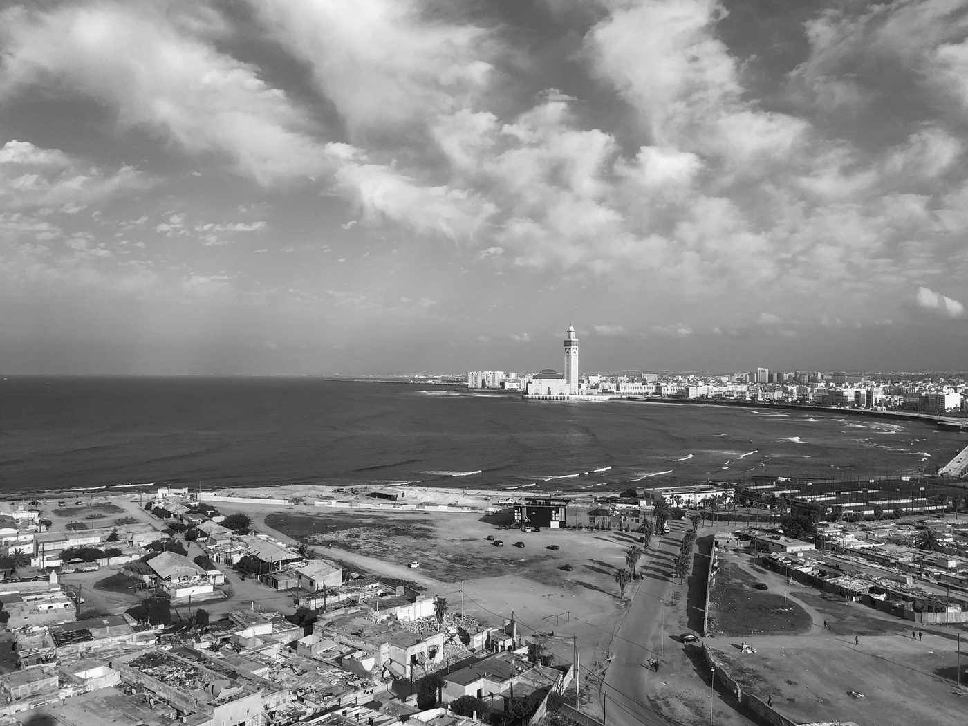 Aerial view of the coastline and the minaret overlooking the bay, Casablanca