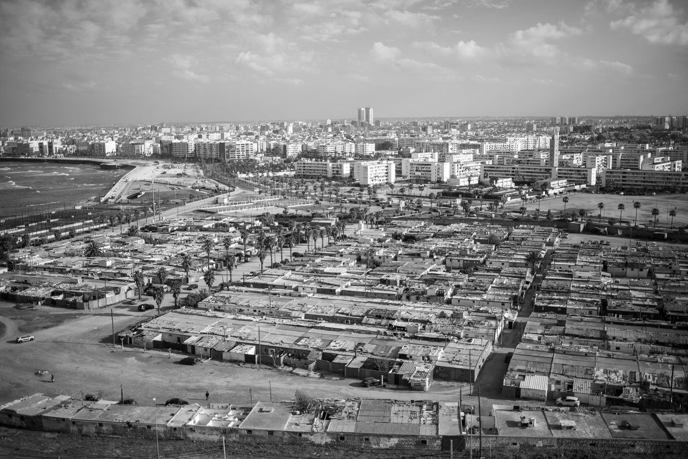 Aerial view of an informal housing district facing the city, Casablanca