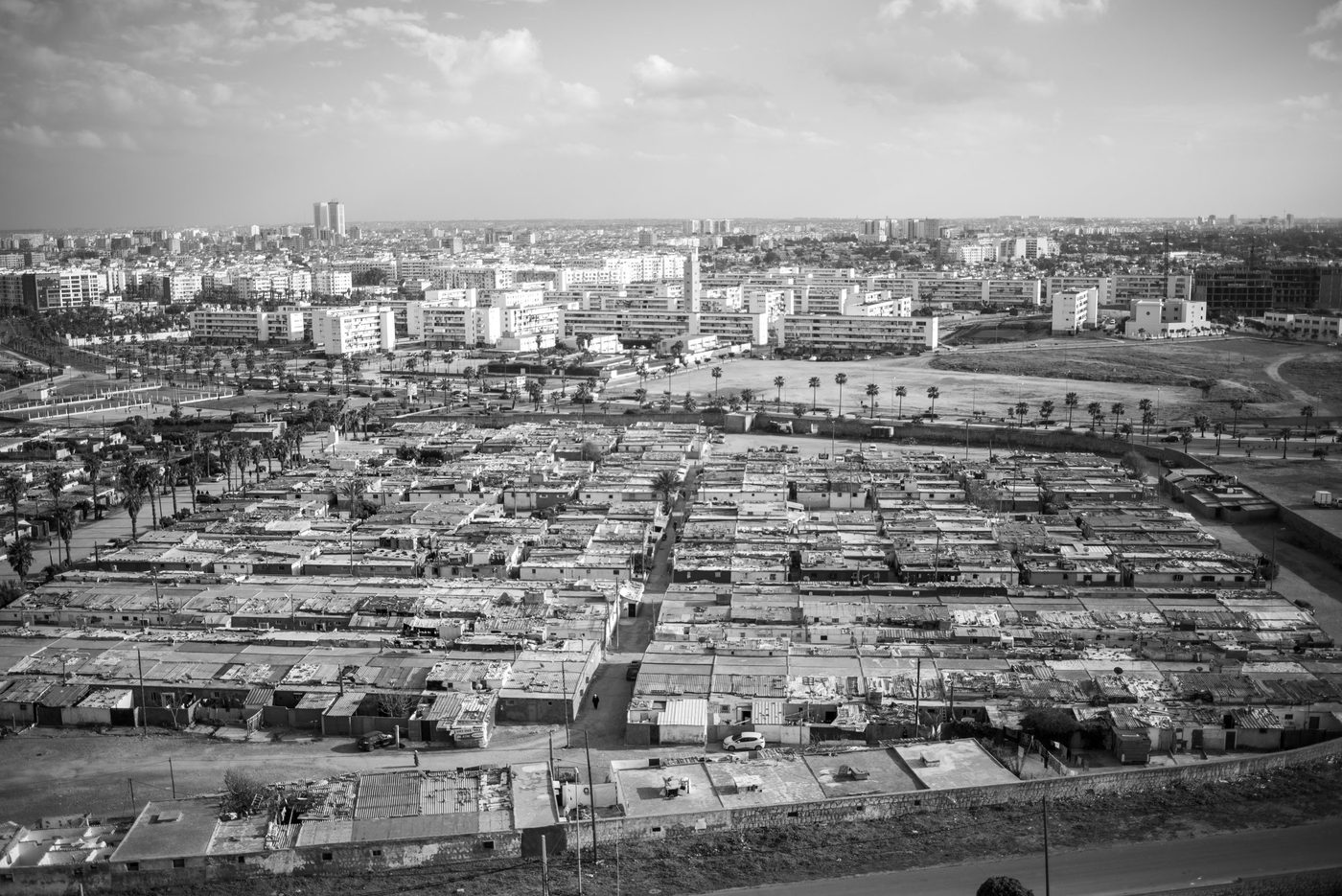 Elevated view of a shantytown organized in a checkerboard pattern, Casablanca