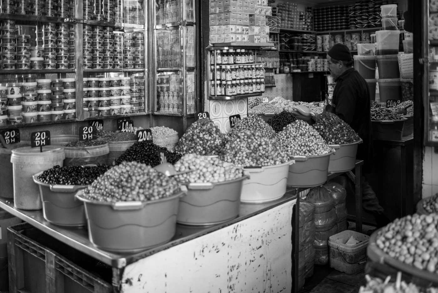Crates of multicolored olives labeled at twenty dirhams, Casablanca