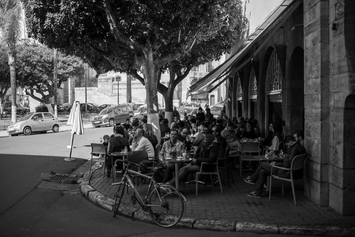 Crowded cafe terrace under the trees of a square, Casablanca