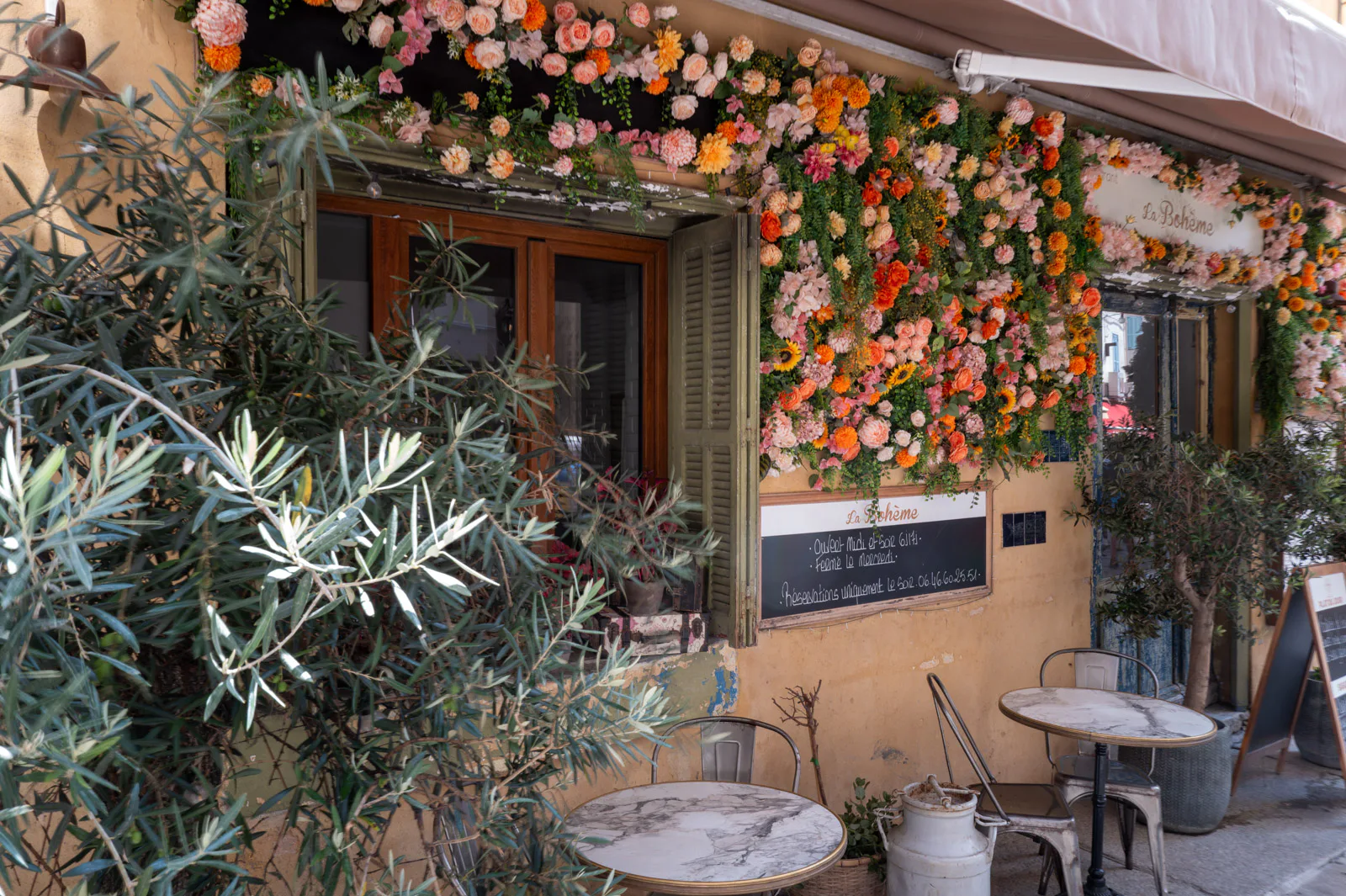 Façade de café couverte de fleurs, un olivier devant une table de marbre, Calvi, Corse