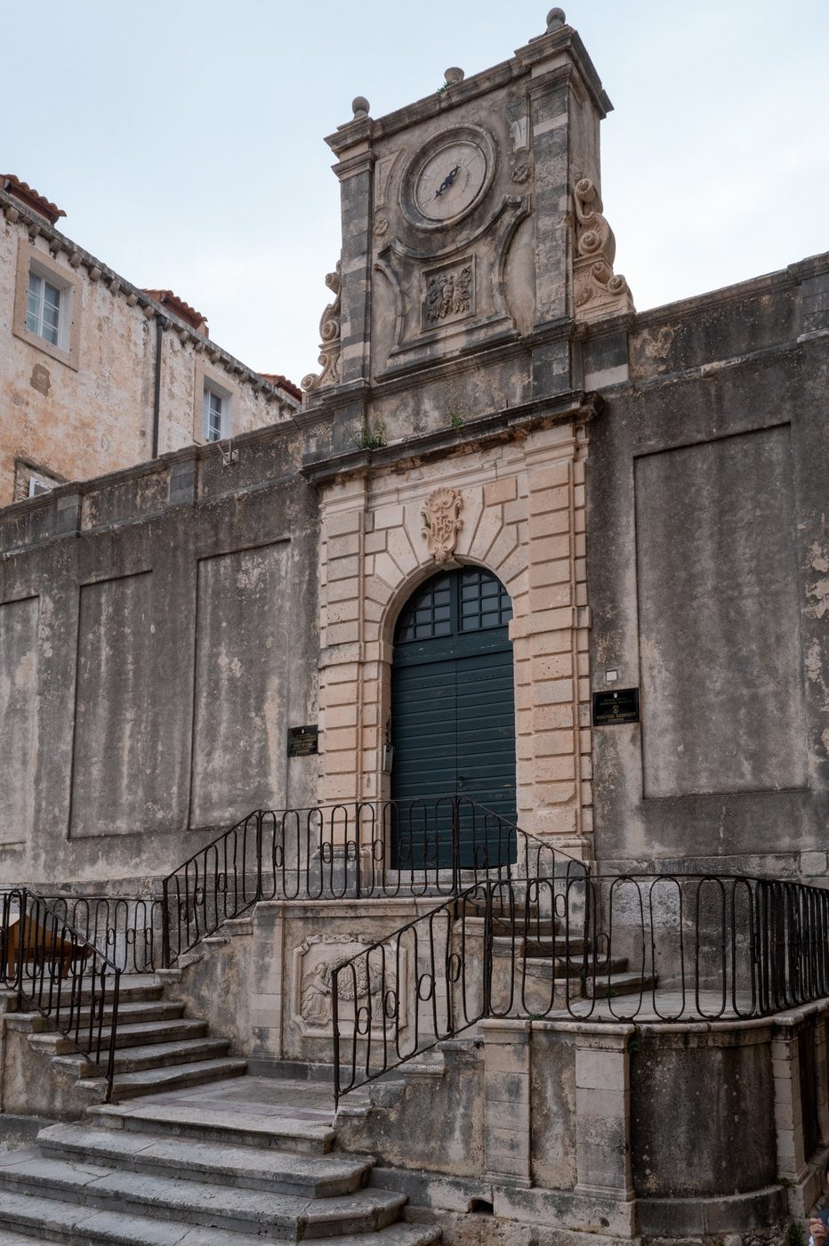 Sculpted clock tower at the top of a monumental staircase, Dubrovnik