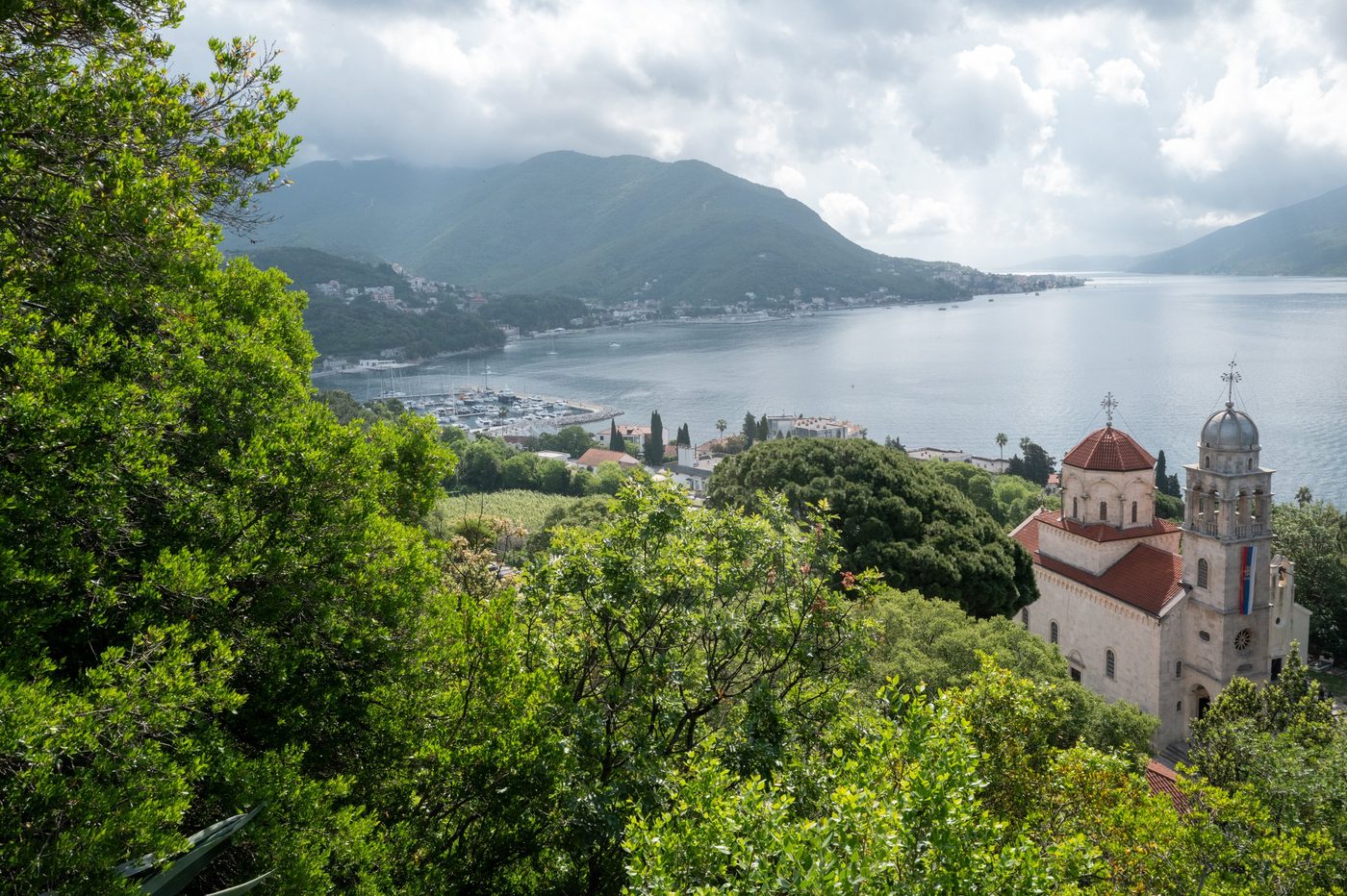 Domed church surrounded by pines overlooking the bay, Dubrovnik