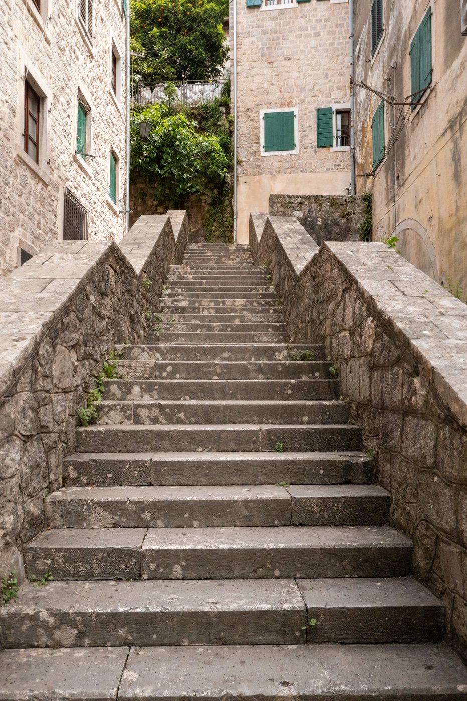 Zigzagging stone staircase between two old houses, Dubrovnik