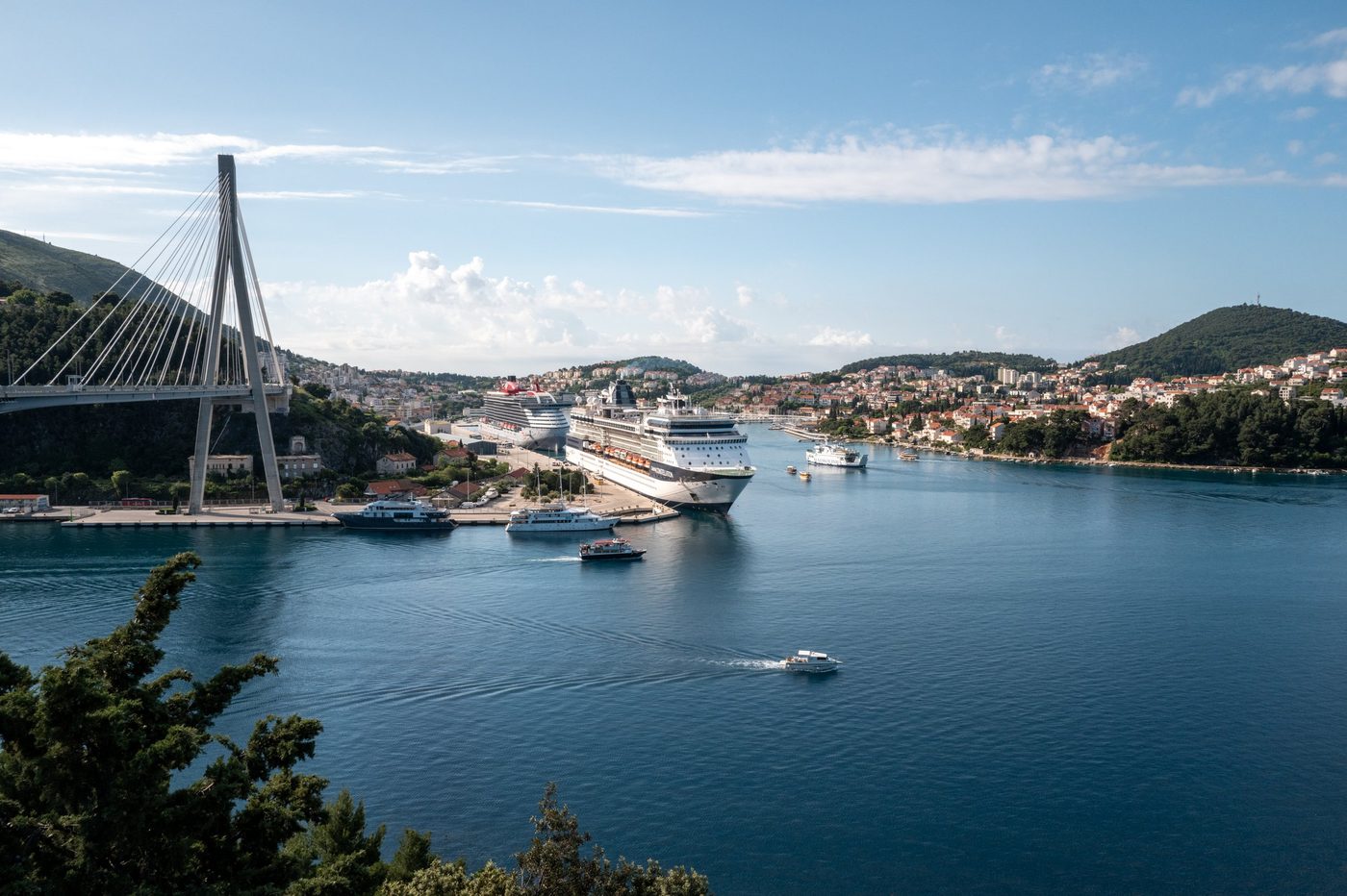 Cable-stayed bridge overlooking the harbor where cruise ships dock, Dubrovnik