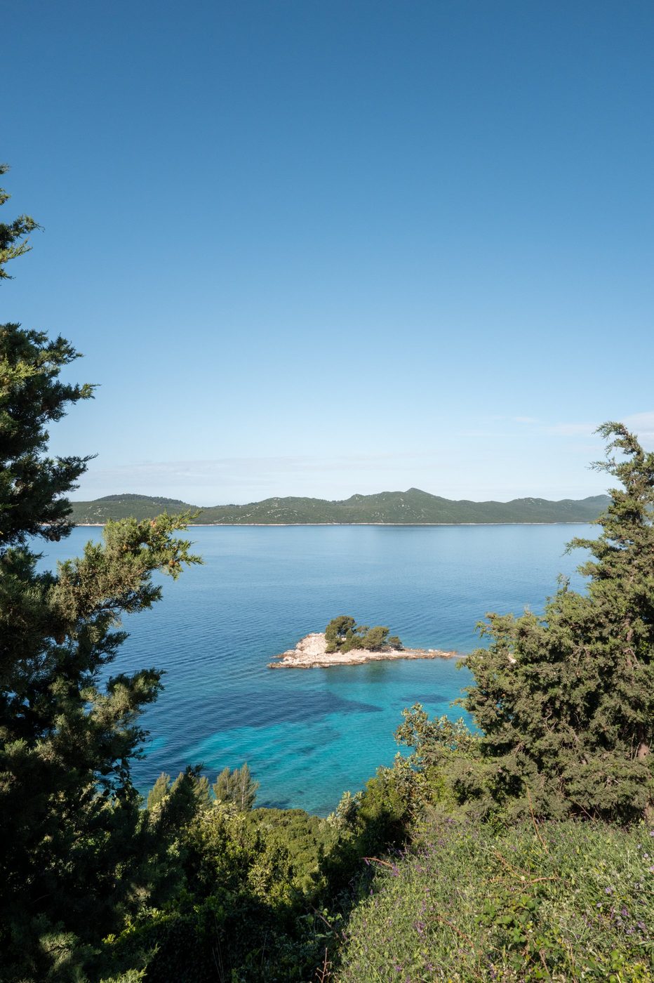 Small rocky islet rising from turquoise water between two pines, Dubrovnik