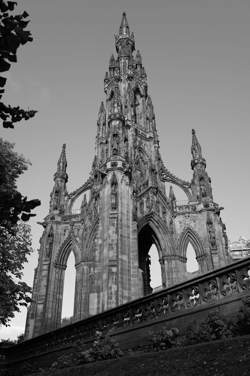 The Gothic spires of the Scott Monument seen from below, Edinburgh