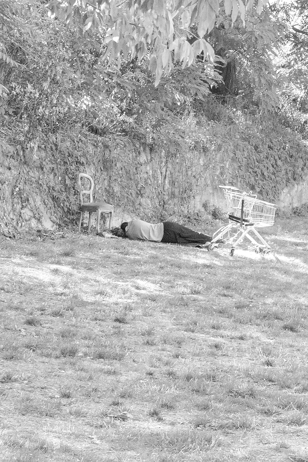 Homme allonge dans l'herbe a l'ombre d'un arbre, chaise pliante a cote, Francfort