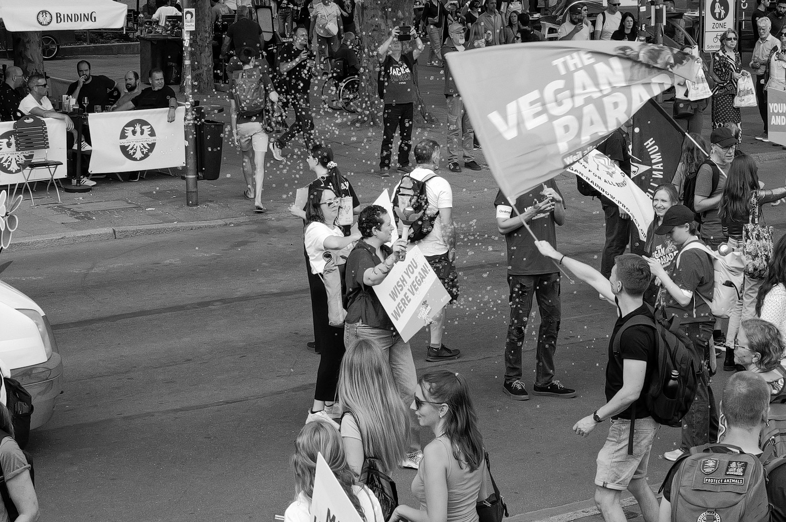 Foule de manifestants avec un drapeau vegan, Francfort