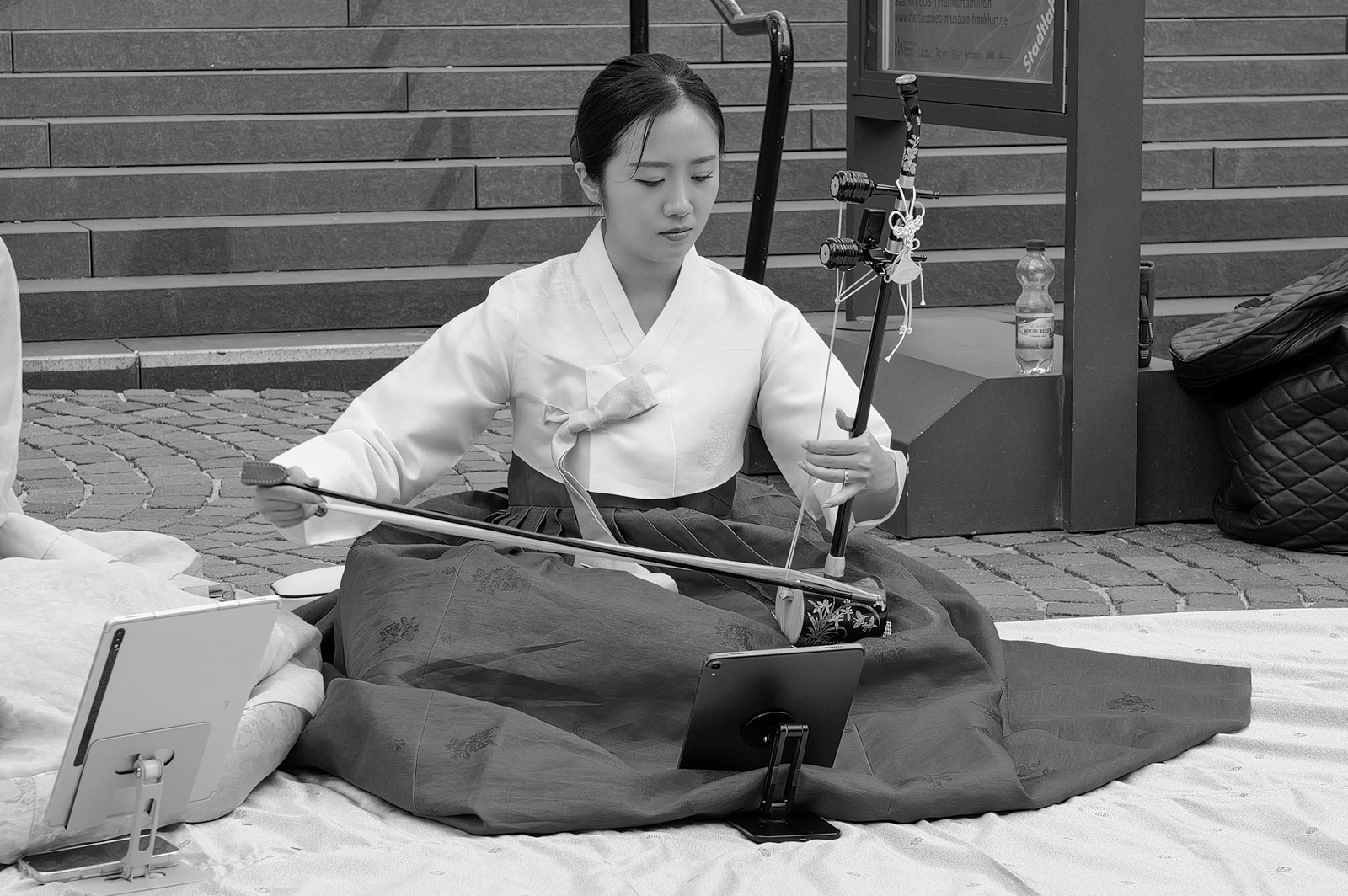 Musicienne jouant d'un instrument a cordes traditionnel dans la rue, Francfort