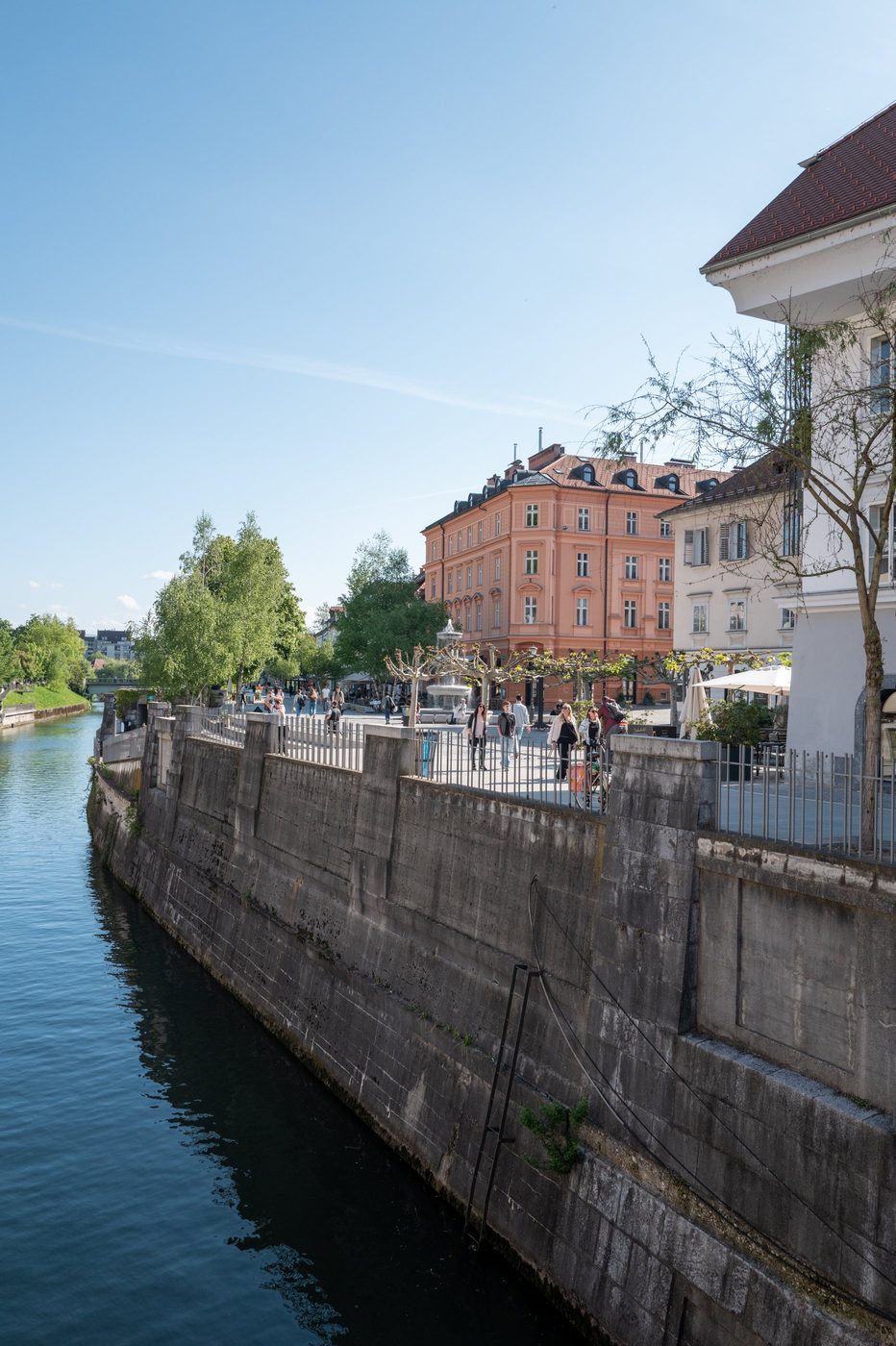 Busy promenade along the stone quay, Ljubljana