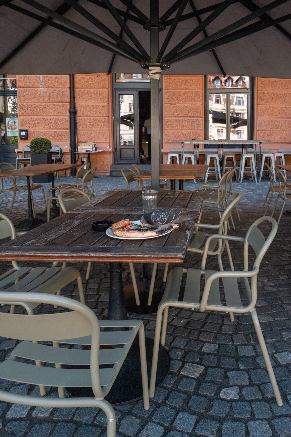 Pigeon pecking at a slice of pizza on a terrace table, Ljubljana