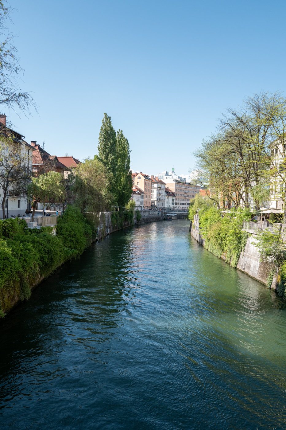 River winding toward the rooftops of the old town, Ljubljana