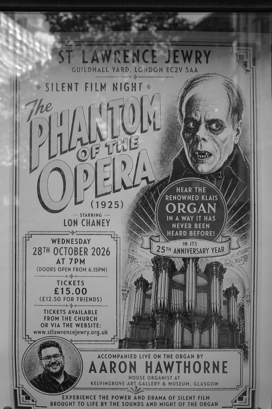 Cinema poster announcing a silent film night with organ accompaniment in a church, London