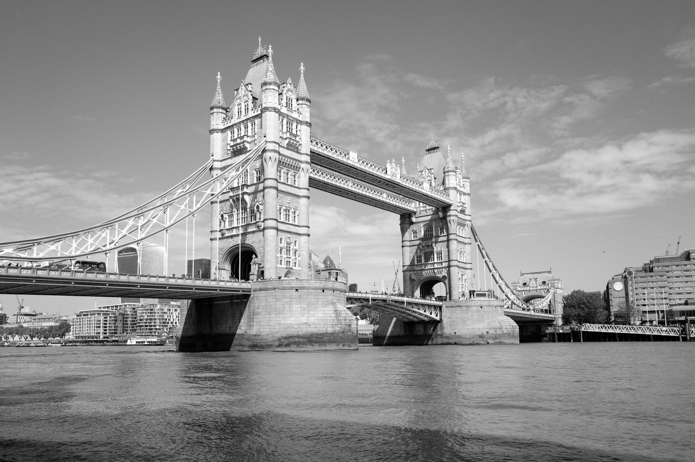 Close-up view of Tower Bridge's neo-Gothic towers above the Thames, London