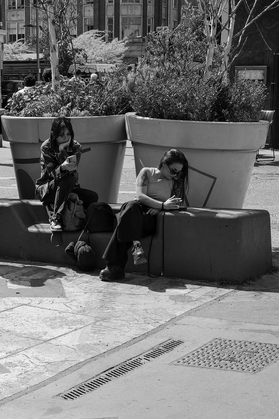 Two friends sitting on the edge of large planters, absorbed in their phones, London