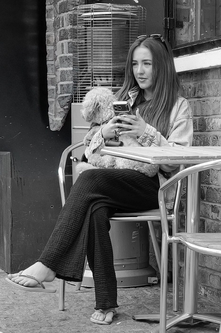 Young woman on a terrace holding her small dog while looking at her phone, London
